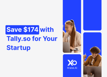 Banner promoting $174 savings with Tally.so via XRaise, showing founders collaborating and smiling over laptops.