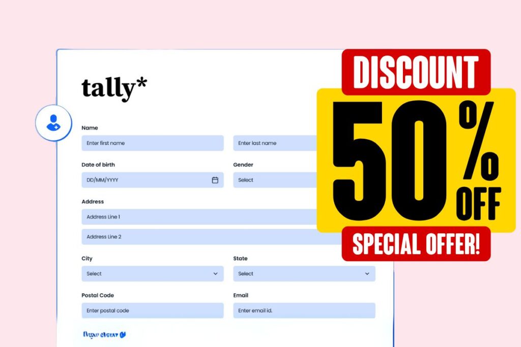 Promotional graphic showcasing 50 percent off Tally.so Pro plan for eligible startups