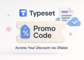 Illustrated cover image featuring the Typeset logo and interface, highlighting the exclusive startup promo code available via XRaise