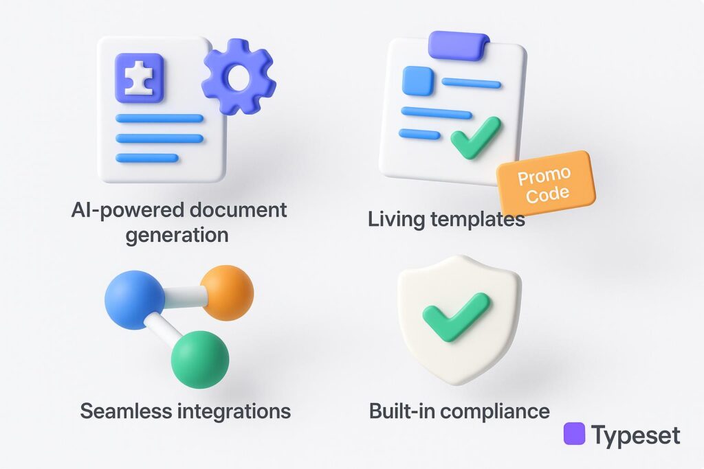 Visual breakdown of Typeset key feature with a caption promoting the available startup Typeset Promo Code through XRaise