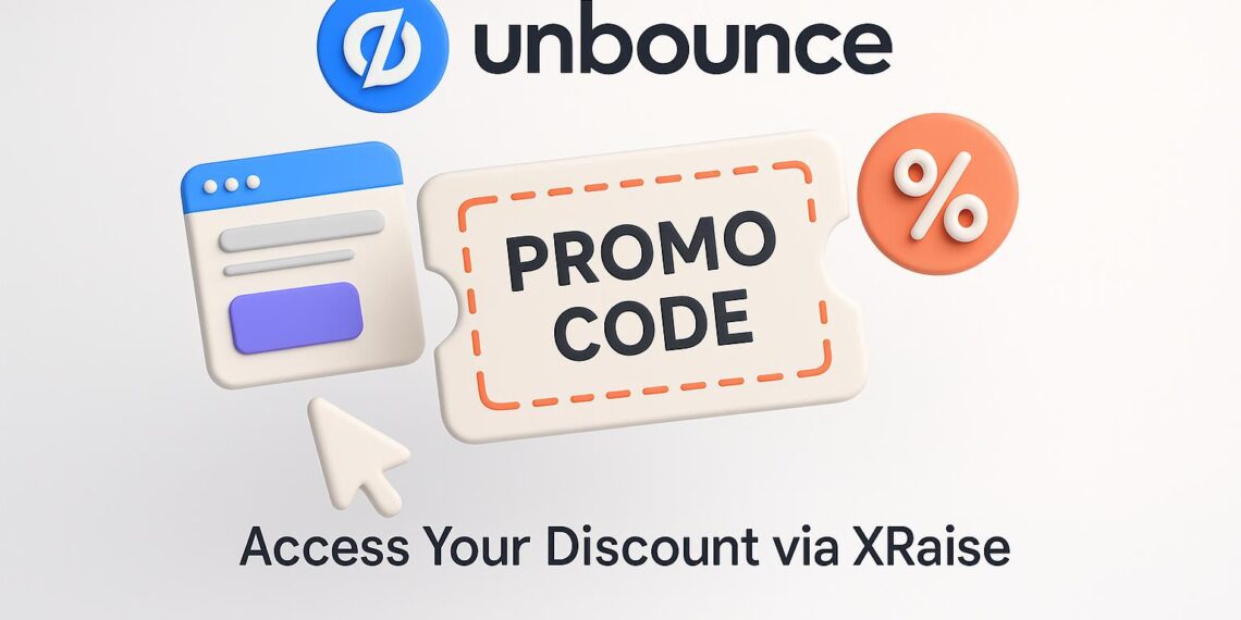 Illustrated cover image featuring the Unbounce logo and interface, highlighting the exclusive startup promo code available via XRaise