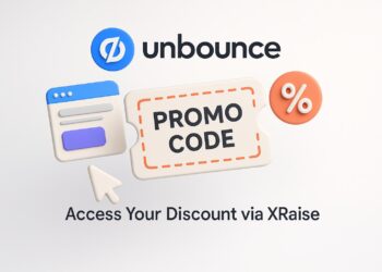 Illustrated cover image featuring the Unbounce logo and interface, highlighting the exclusive startup promo code available via XRaise