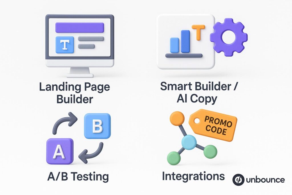 Visual breakdown of Unbounce key feature with a caption promoting the available startup discount through XRaise