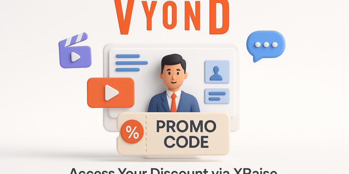Illustrated cover image featuring the Vyond logo and interface, highlighting the exclusive startup promo code available via XRaise