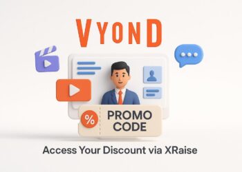 Illustrated cover image featuring the Vyond logo and interface, highlighting the exclusive startup promo code available via XRaise