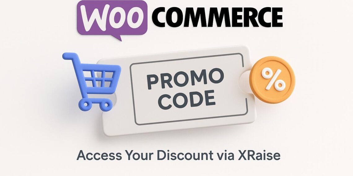 Illustrated cover image featuring the WooCommerce logo and interface, highlighting the exclusive startup promo code available via XRaise