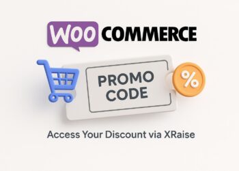 Illustrated cover image featuring the WooCommerce logo and interface, highlighting the exclusive startup promo code available via XRaise