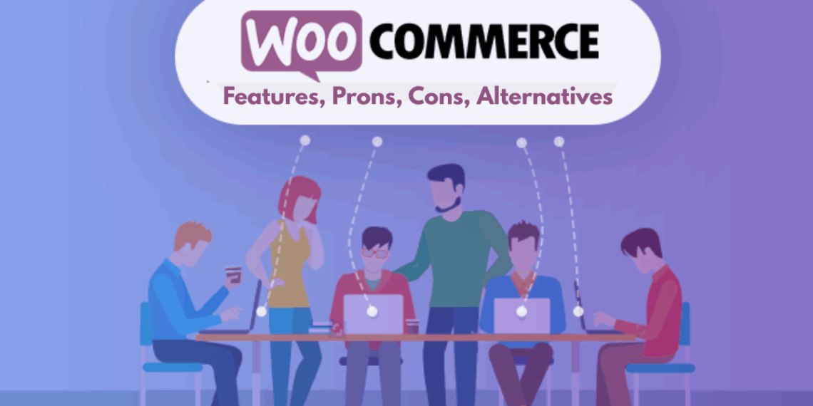 Illustration of WooCommerce branding with startup-related icons like rocket ships, shopping carts, and analytics charts.