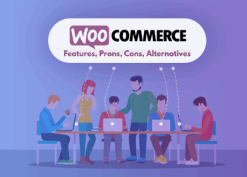 Illustration of WooCommerce branding with startup-related icons like rocket ships, shopping carts, and analytics charts.