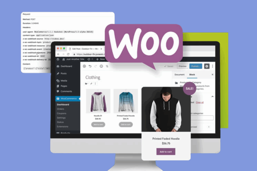 Screenshot of the WooCommerce admin dashboard showing product listings, sales analytics, and store management tools.