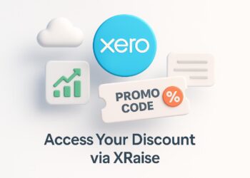 Illustrated cover image featuring the Xero logo and interface, highlighting the exclusive startup promo code available via XRaise