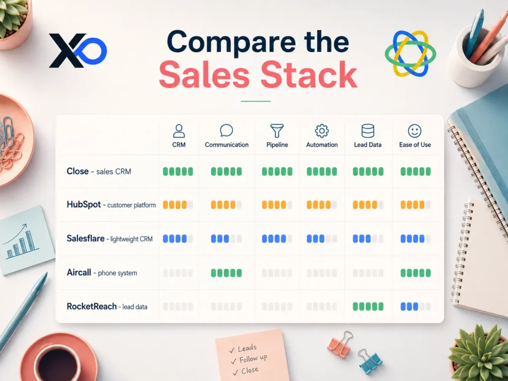 Sales stack comparison table with CRM, communication, pipeline, automation, lead data, and ease-of-use columns