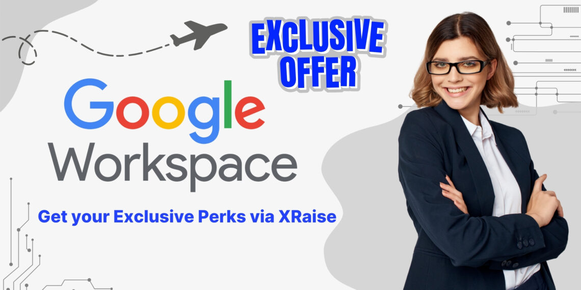 Google Workspace promo code exclusive offer – Banner with Google Workspace logo, airplane design, and smiling professional woman in glasses and a suit with arms crossed, symbolizing perks for productivity and collaboration tools.