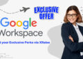 Google Workspace promo code exclusive offer – Banner with Google Workspace logo, airplane design, and smiling professional woman in glasses and a suit with arms crossed, symbolizing perks for productivity and collaboration tools.