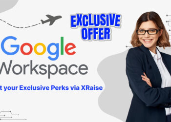 Google Workspace promo code exclusive offer – Banner with Google Workspace logo, airplane design, and smiling professional woman in glasses and a suit with arms crossed, symbolizing perks for productivity and collaboration tools.