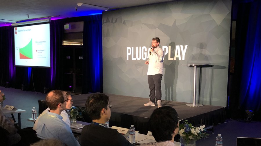 Startups pitching at Plug and Play Tech Center, a global innovation hub and fintech accelerator connecting founders with corporate partners.