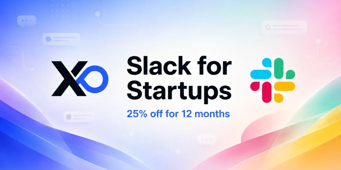 XRaise and Slack hero banner with colorful gradient background, Slack logo, and 25% off message