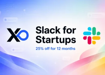 XRaise and Slack hero banner with colorful gradient background, Slack logo, and 25% off message