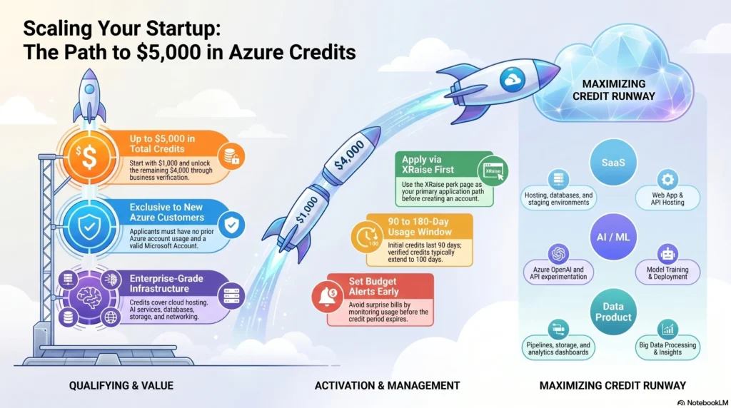 Azure credits for startups infographic showing $5000 cloud credits eligibility usage and benefits