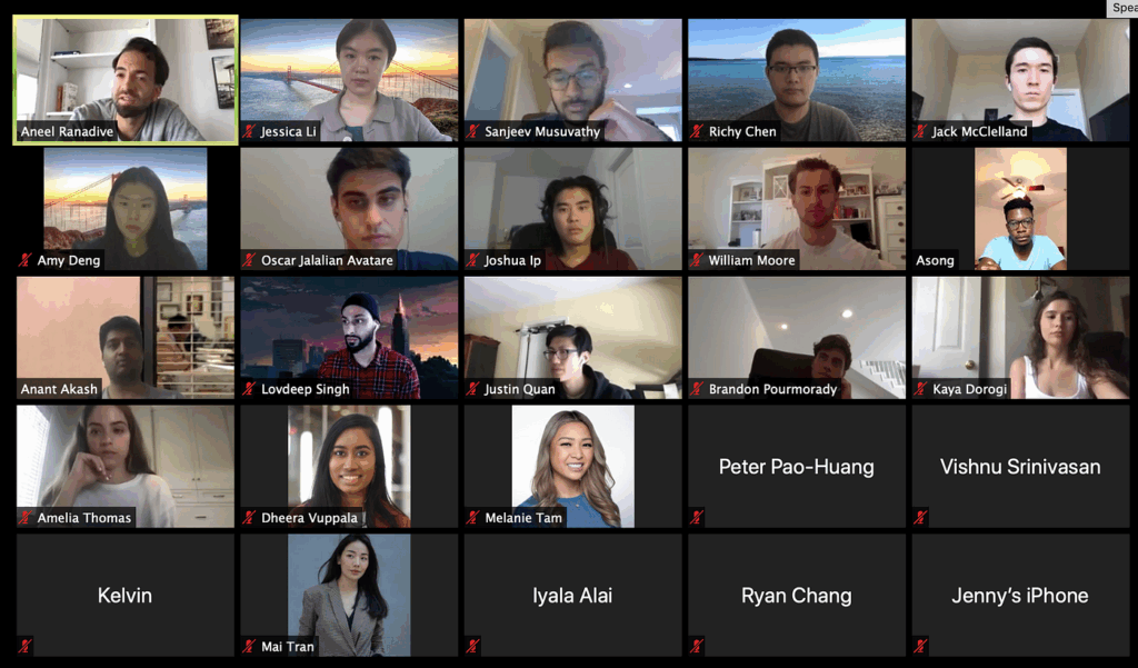 Visual depiction of a Soma Capital Fellowship Interview via Zoom, with a founder facing a panel of interviewers, capturing the fast-paced, high-stakes dynamic.