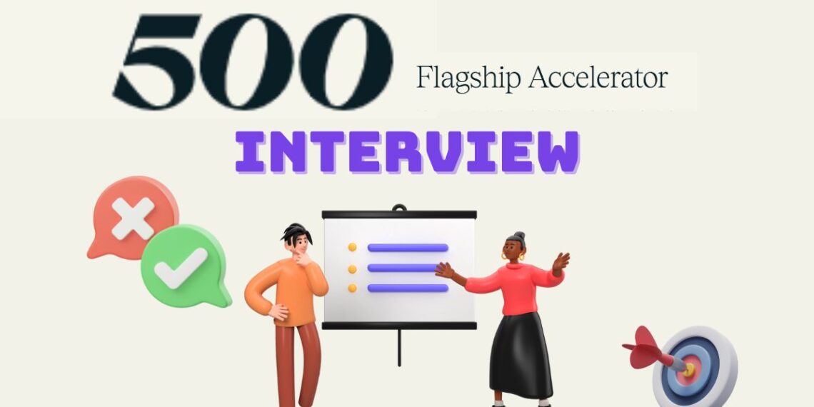 Minimalist illustration representing a founder preparing for a 500 Global Flagship Accelerator Interview — laptops open, notes on the desk, focused atmosphere