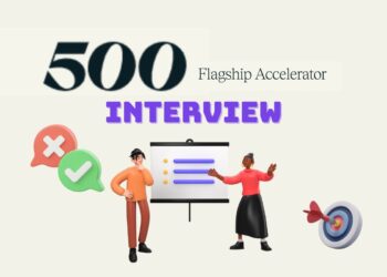 Minimalist illustration representing a founder preparing for a 500 Global Flagship Accelerator Interview — laptops open, notes on the desk, focused atmosphere