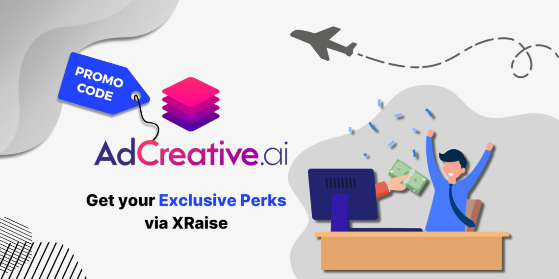 AdCreative.ai promo code — animated founder celebrating at desk with cash and confetti, next to AdCreative.ai logo and XRaise exclusive perks banner