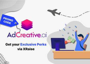 AdCreative.ai promo code — animated founder celebrating at desk with cash and confetti, next to AdCreative.ai logo and XRaise exclusive perks banner