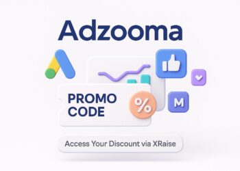 Illustrated cover image featuring the Adzooma logo and interface, highlighting the exclusive startup promo code available via XRaise