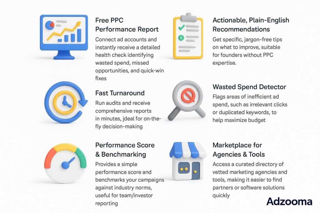 Visual representation of key features offered by Adzooma, including dashboard, integrations, and automation tools relevant for startup use.