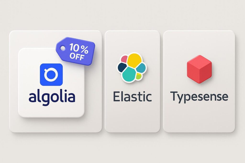 Comparison chart of Algolia vs top alternatives (e.g., Elastic (Elasticsearch/Cloud), Typesense), highlighting the benefits of using XRaise to claim the Algolia startup promo code
