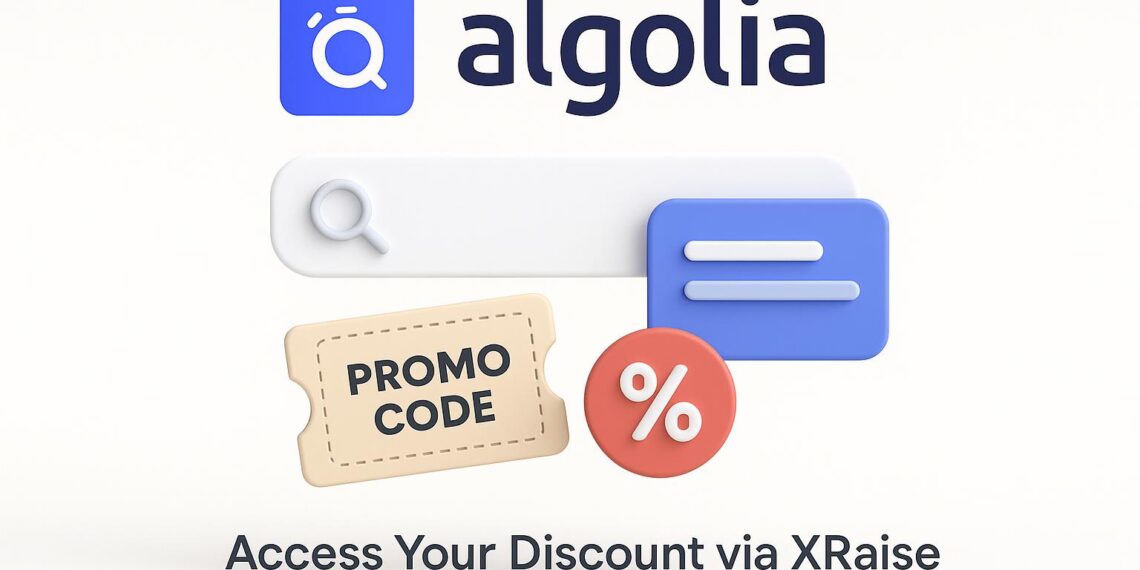 Illustrated cover image featuring the Algolia logo and interface, highlighting the exclusive startup promo code available via XRaise