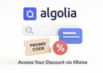 Illustrated cover image featuring the Algolia logo and interface, highlighting the exclusive startup promo code available via XRaise