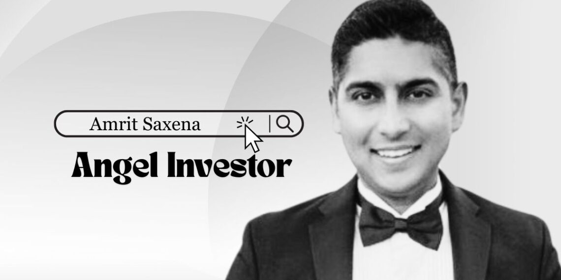 Amrit Saxena angel investor portrait with startup icons and B2B SaaS visuals representing funding support and founder partnerships