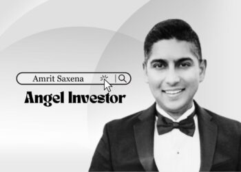 Amrit Saxena angel investor portrait with startup icons and B2B SaaS visuals representing funding support and founder partnerships