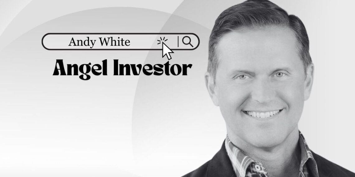 Illustration of investor Andy White reviewing a startup pitch deck on a laptop.