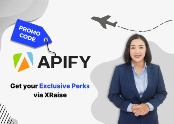 Apify promo code banner – exclusive XRaise perk for web scraping and automation, featuring businesswoman in navy suit smiling confidently