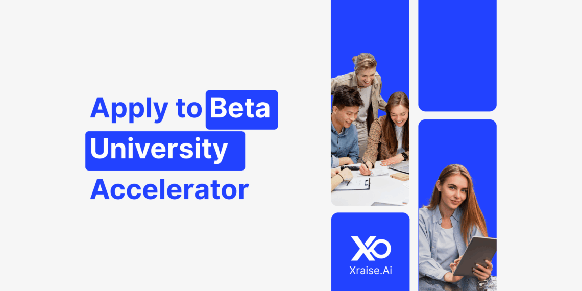 Founders collaborating in a startup workspace with banner text “Apply to Beta University Accelerator” — optimized for the keyphrase Apply to Beta University accelerator.
