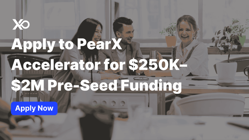Founders meeting around a table with text promoting how to apply to PearX accelerator for $250K–$2M in pre-seed funding.
