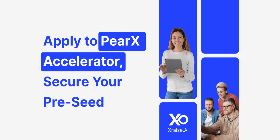 Founders collaborating around a laptop with visuals promoting how to apply to PearX accelerator for pre-seed funding.