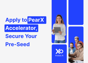 Founders collaborating around a laptop with visuals promoting how to apply to PearX accelerator for pre-seed funding.