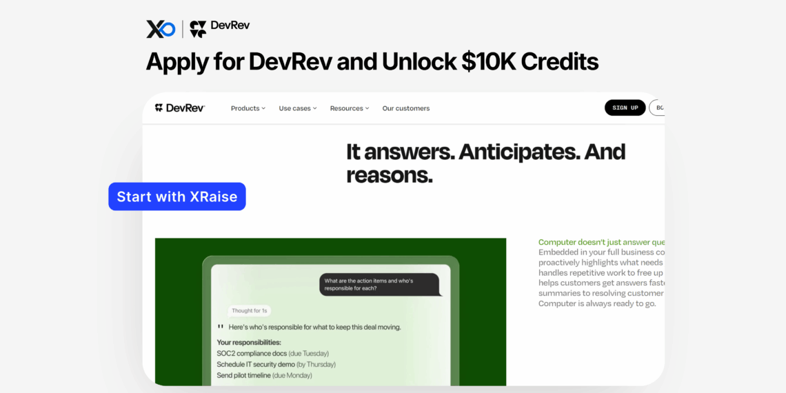 Apply for DevRev credits through XRaise, showing DevRev website and $10K startup credits offer