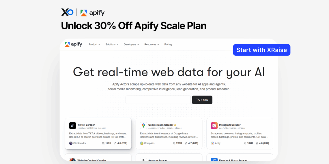 Apply for Apify scale plan discount via XRaise to unlock 30% off the real-time web data platform
