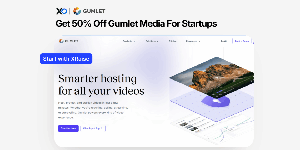 Apply for Gumlet startup perk banner showing “Get 50% Off Gumlet Media for Startups” and a Gumlet video hosting dashboard