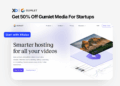 Apply for Gumlet startup perk banner showing “Get 50% Off Gumlet Media for Startups” and a Gumlet video hosting dashboard