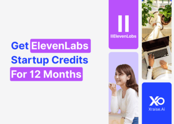banner reading “Get ElevenLabs Startup Credits For 12 Months” alongside photos of a founder working and the ElevenLabs logo