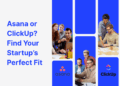 Startup teams collaborating on laptops with Asana and ClickUp logos, comparing project management tools for startups.
