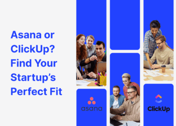 Startup teams collaborating on laptops with Asana and ClickUp logos, comparing project management tools for startups.