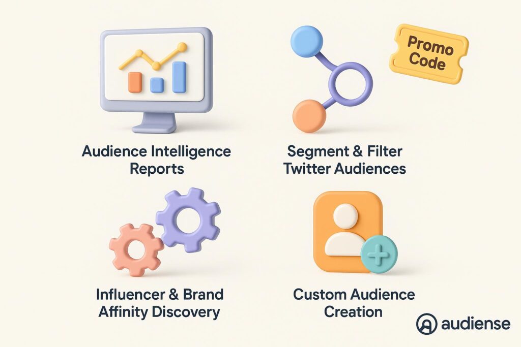 Visual breakdown of Audiense key feature with a caption promoting the available startup discount through XRaise