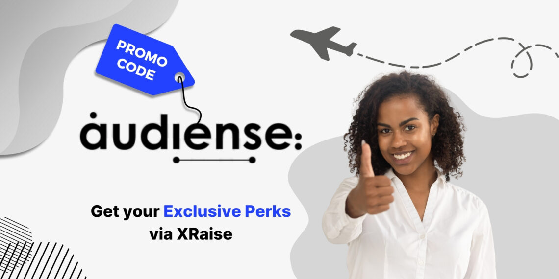 Audiense promo code banner by XRaise — woman in white shirt giving a thumbs up, standing next to the Audiense logo and “Get your exclusive perks via XRaise” text.